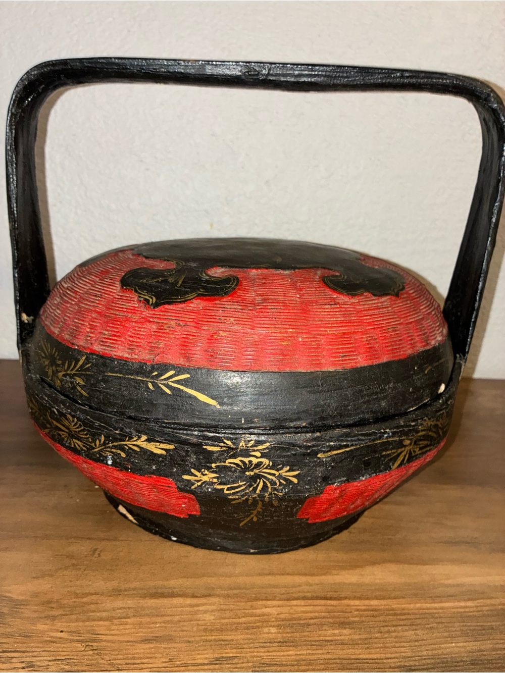 Vintage Chinese Peranakan Wedding Basket Hand Painted Black Red Bamboo rare - Picture 9 of 16